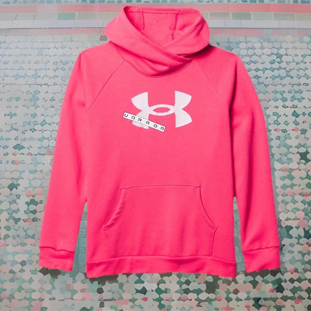 Girls' UA Under Armour Rival Fleece Logo 3-Panel Hoodie Ribbed Trim Pink Sz YLG
